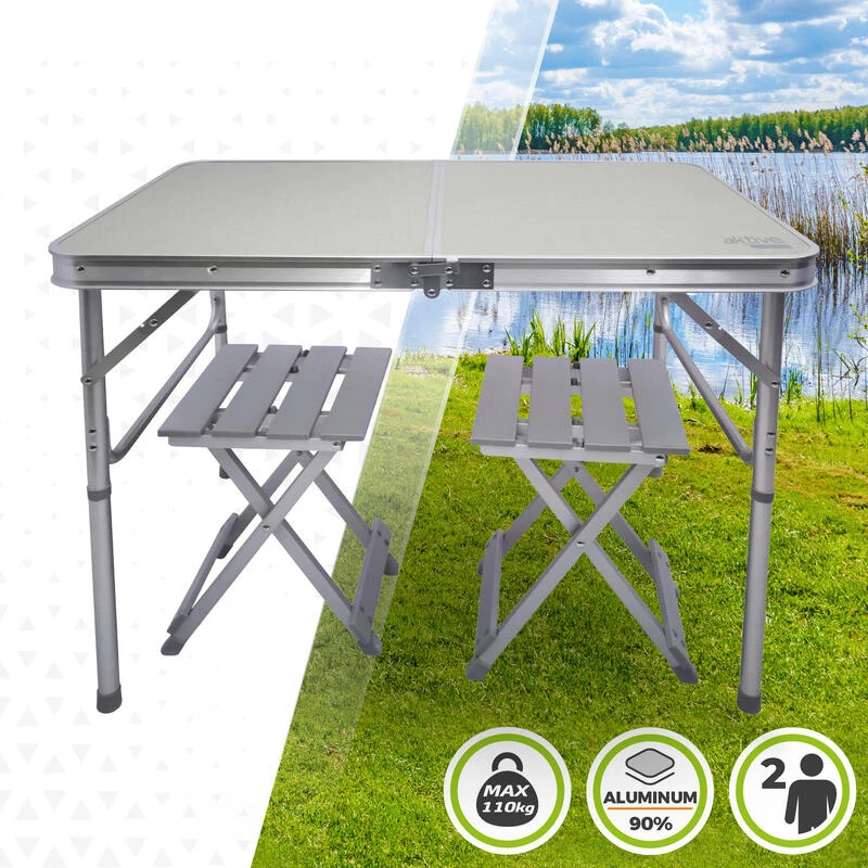 AKTIVE - Table Pliante Avec 2 Tabourets Et Poignée De Transpor, Gris 2 AKTIVE - Table Pliante Avec 2 Tabourets Et Poignée De Transpor, Gris – Image 2